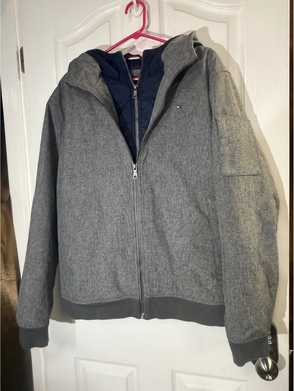 Tommy Hilfiger Mens XL 3-Layer Softshell Hooded Jacket Grey Quilted Bib Coat